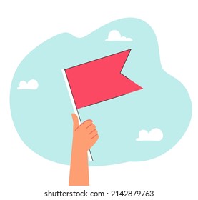 Hand of kid holding small red flag. Child carrying revolution symbol on demonstration flat vector illustration. Movement, celebration, union concept for banner, website design or landing web page