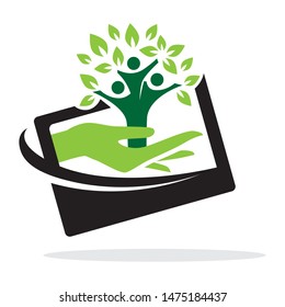 hand, kids and leaves inside smart phone screen, vector 