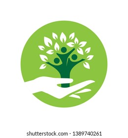 hand, kids and leaves, vector logo icon