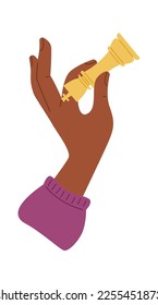 Mano con pieza de ajedrez king icono plano Juego estratégico. Ilustración del vector