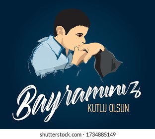 hand kiss kid blue background a text saying bayraminiz kutlu olsun