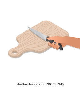 Hand with a kitchen knife on a chopping wooden board. Culinary concept. Elements for design.3D. Vector isometric illustration.