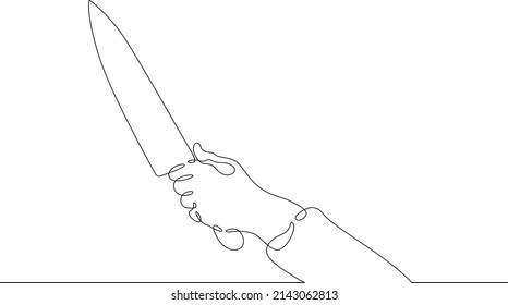 Mano con un cuchillo. El cocinero sostiene un cuchillo en la cocina. Cocina, corte de alimentos con un cuchillo metálico. Un dibujo continuo de línea. El Line Art tiene un fondo blanco aislado.