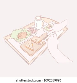 A hand knife cutting food on a tray. hand drawn style vector doodle design illustrations.