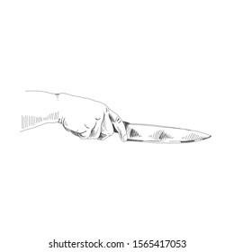 Hand with knife hand drawn illustration. Chef palm holding kitchen utensil. Sharpening knife blade with whetstone, grindstone black and white sketch. Daily kitchen routine concept design elements