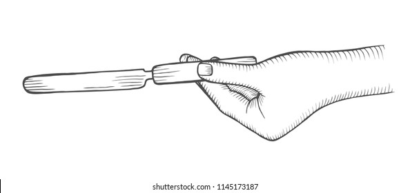 hand with with knife is painted in an old style of engraving