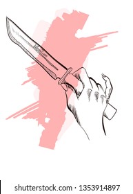 Hand with a knife. Vector sketch on white background. The killer's hand. The hands of the cook.