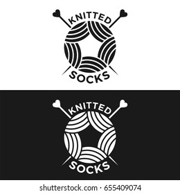 Hand knit vector logo for wear shop, atelier or garment. Tailor ravel ball of yarn for knitting illustration. Flat style, isolated on white or black background.