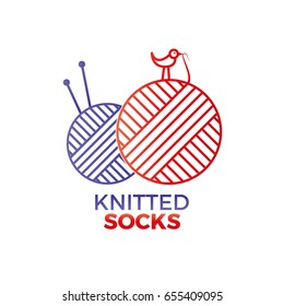 Hand knit vector logo for wear shop, atelier or garment. Tailor ravel balls of yarn for knitting illustration. Flat style, mild colors, isolated on white background. Bird included!