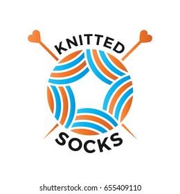 Hand knit vector logo for wear shop, atelier or garment. Tailor ravel ball of yarn for knitting illustration. Flat style, mild colors,  isolated on white background.