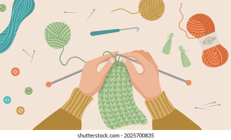 Hand knitted. Hands knitting, knit cloth from wool thread. Autumn or winter time, hygge concept. Handcraft hobby vector background