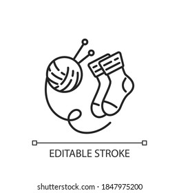 Hand knitted socks linear icon. Indoor hobby. Handmade wool socks. Christmas stocking. Coziness. Thin line customizable illustration. Contour symbol. Vector isolated outline drawing. Editable stroke