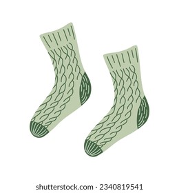 Hand knitted socks. Warm woolen clothes. Concept of cozy home, relaxation. Hygge lifestyle. Hand drawn flat style vector illustration.

