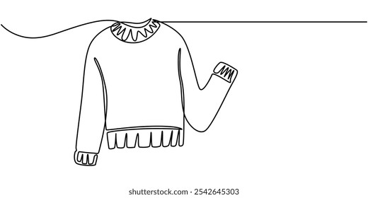 Hand knitted sweater in continuous line art drawing style. Ball of thread and pullover knitted garment. Sweater in continuous line art drawing style. Lopapeysa or Icelandic style sweater black linear.