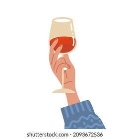 Mano en suéter de punto sosteniendo un vaso de vino rojo. Ilustración vectorial aislada a mano plana.