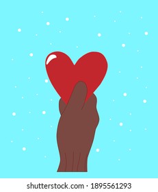 A hand in a knitted warm glove holds a red heart on a blue background with snowflakes. Valentine's Day concept, close-up. Vector illustration.
