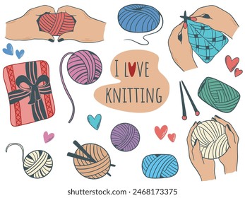 Hand knitting kit, knitting needles, yarn, hands knitting scarf