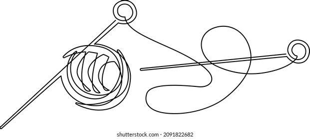 Hand knitting. Knitting needles and threads. Continuous line drawing. Vector illustration.