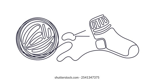 Hand knitting socks with circular needles. Linear picture. Ball of wool yarn. Round skein of knitting thread. Crafting hobby. Merino, cotton, linen. Vector sketch symbol for hobby design