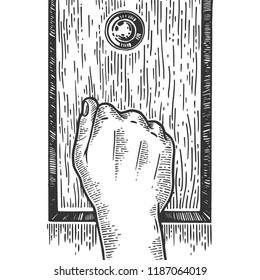 Hand Knock Door Engraving Vector Illustration. Scratch Board Style Imitation. Black And White Hand Drawn Image.