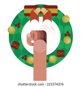 Hand knock door,christmas wreath with red ribbon bow decoration isolated by Christmas concept vector