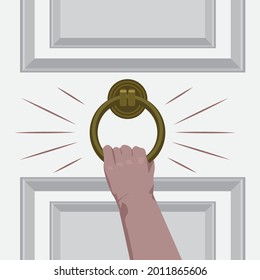 Hand knock on the door of the room. Flat and solid color vector illustration.