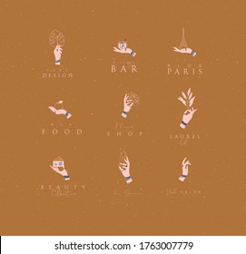 Etiquetas manuales con pulseras, anillos con elementos decorativos con letras de estilo minimalista dibujando sobre fondo de mostaza.