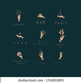 Hand labels with bracelets, rings holding decorative elements with lettering in minimalist style drawing on dark background.