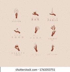 Hand labels with bracelets, rings holding decorative elements with lettering in minimalist style drawing on beige background.