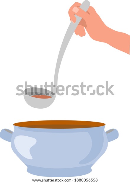 Hand with a ladle. Kitchen accessory. Hand\
scoops soup with a ladle from an tureen. Metallic kitchen accessory\
ladle. Soup ladle kitchen\
appliance.
