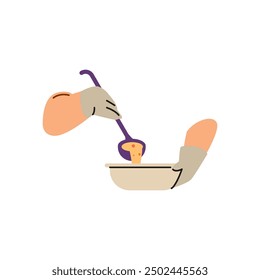 Hand ladling soup into a bowl. Vector illustration of foodsharing concept. Simplistic style with warm colors. Useful for community, charity, and meal-sharing themes.