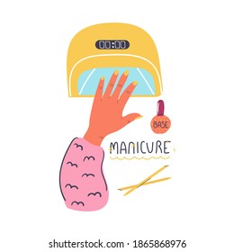 Hand in the lamp for drying gel Polish. Manicure, nail care concept. Hand drawn design. Flat illustration.