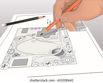 Hand landscape designer drawing