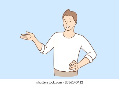 Hand language and gesticulating concept. Young smiling man cartoon character standing gesticulating pointing aside with hand vector illustration 