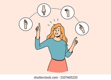 Hand language and gesture concept. Young smiling woman standing choosing between various finger signs above pointing with finger vector illustration