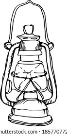 
Hand lantern, kerosene lamp. Vintage, retro style. Hand-drawn vector illustration. Doodle sketch. Separate element on a white background. Black and white line.