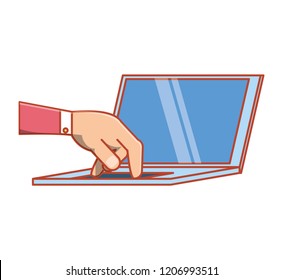 hand with laptop computer isolated icon