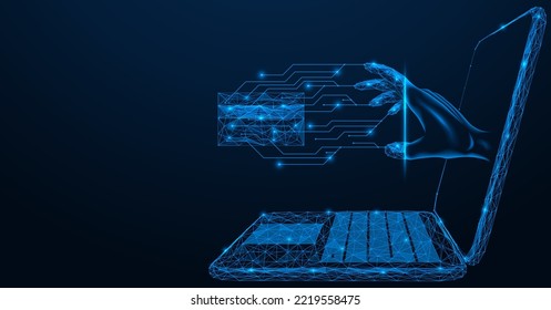 Hand from the laptop copies the information from the payment card. Polygonal design of interconnected lines and points. Blue background.