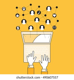 Hand with laptop elements icons. Flat lineal style illustration. 