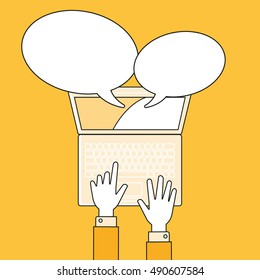 Hand with laptop elements icons. Flat lineal style illustration. 