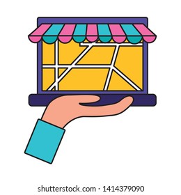 hand with laptop map navigation cargo fast delivery vector illustration
