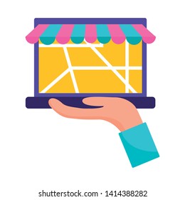 hand with laptop map navigation cargo fast delivery vector illustration