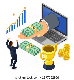 Hand from laptop with money. internet income, onilne earnings, income from gambling concept. Isometric icons happy man. isolated vector illustration