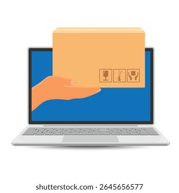 Hand from laptop screen holds cardboard box. Isolated on white background.  Fast delivery service concept. Online store. Vector illustration