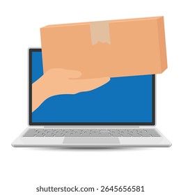 Hand from laptop screen holds cardboard box. Isolated on white background.  Fast delivery service concept. Online store. Vector illustration