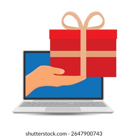 Hand from laptop screen holds red gift box with gold bow. Online store concept. Vector illustration
