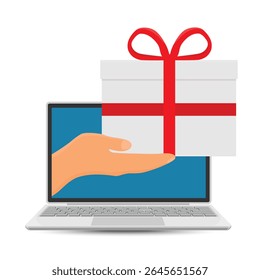 Hand from laptop screen holds white gift box with red bow. Online store concept. Vector illustration