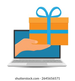 Hand from laptop screen holds yellow gift box with blue bow. Online store concept. Vector illustration