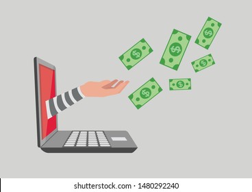 Hand from the laptop screen stealing money