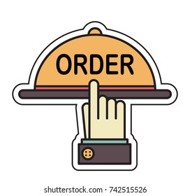 hand and large dish, ordering food, order button, vector image, flat design, color sticker